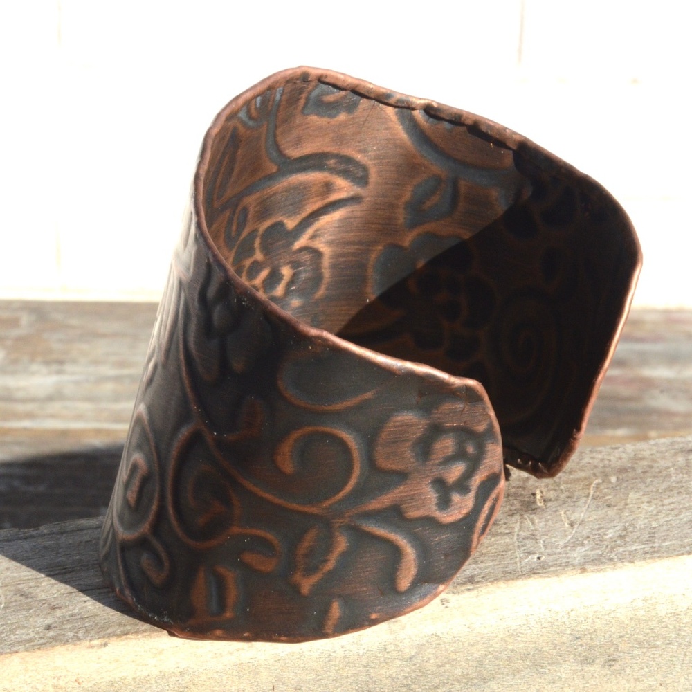Solid Copper Patina Embossed Cuff Bracelet Floral Flowers Bohemian Handmade Boho - Picture 4 of 6